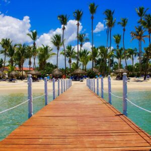 Wooden dock leading to a tropical beach resort with palm trees and clear blue waters.